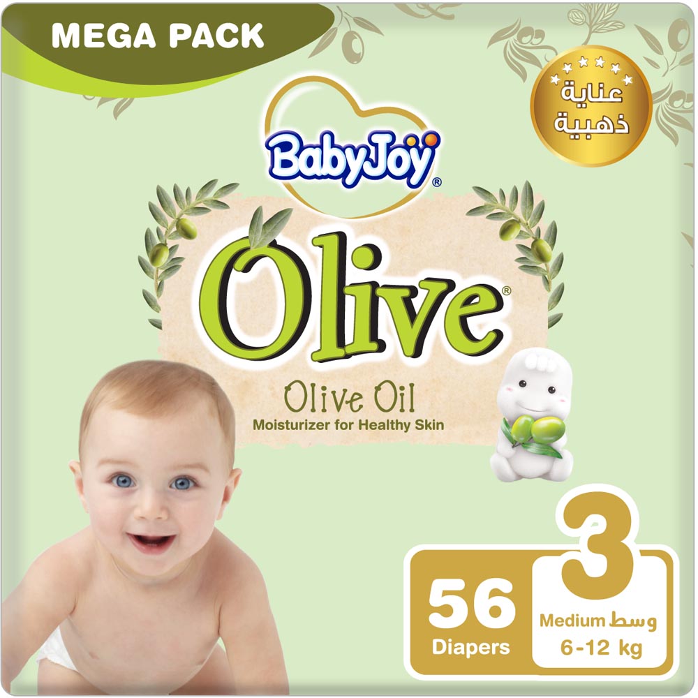 BabyJoy Olive Diapers | Size 3 - Medium - 6-12Kg - Mega Pack - 56pcs
