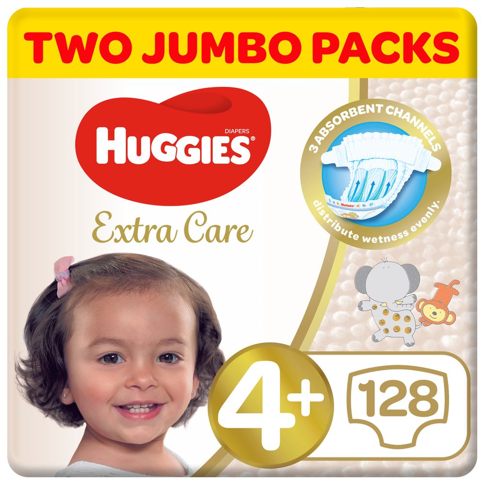 Huggies - Extra Care Diapers Size 4+ 10-16kg - 128pcs