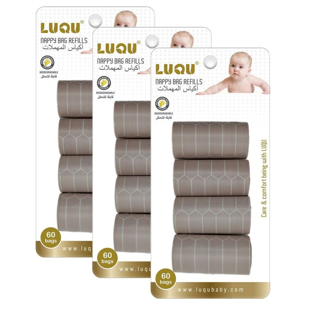 Luqu - Nappy Biodegradable-Disposable Bags | 4 Refill Rolls - Pink - Pack of 3