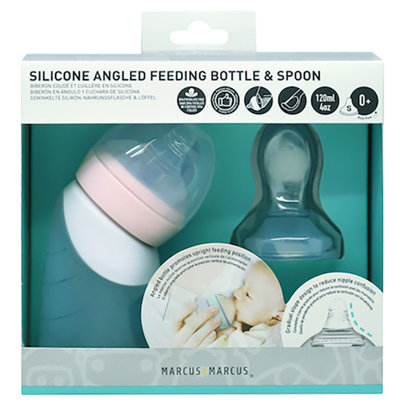 Marcus & Marcus - Silicone Angled Feeding Bottle & Spoon Set - Peach