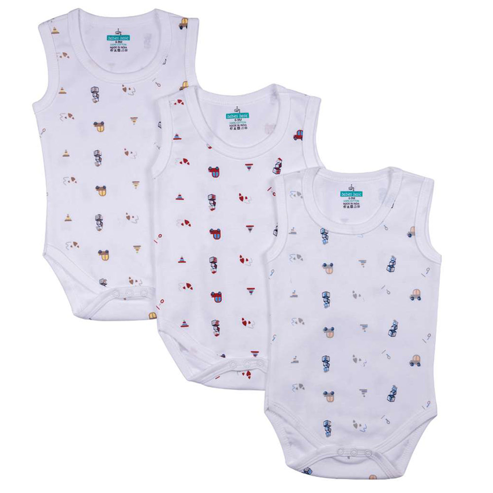 Babies Basic Sleeveless Printed Bodysuit - White - 3 Pcs