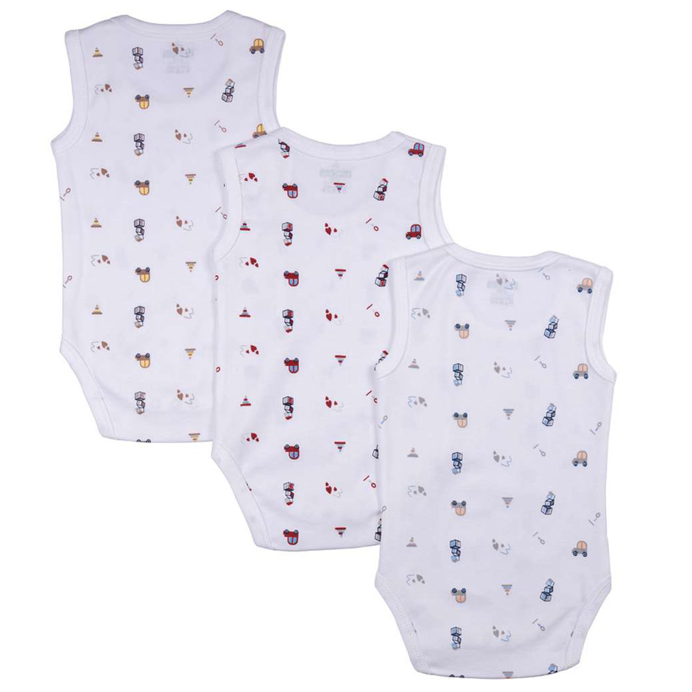 Babies Basic Sleeveless Printed Bodysuit - White - 3 Pcs