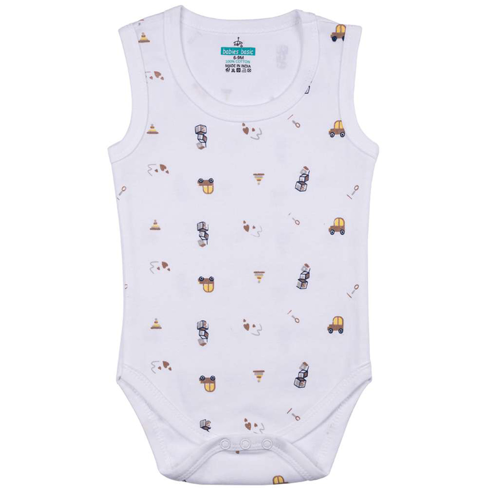Babies Basic Sleeveless Printed Bodysuit - White - 3 Pcs