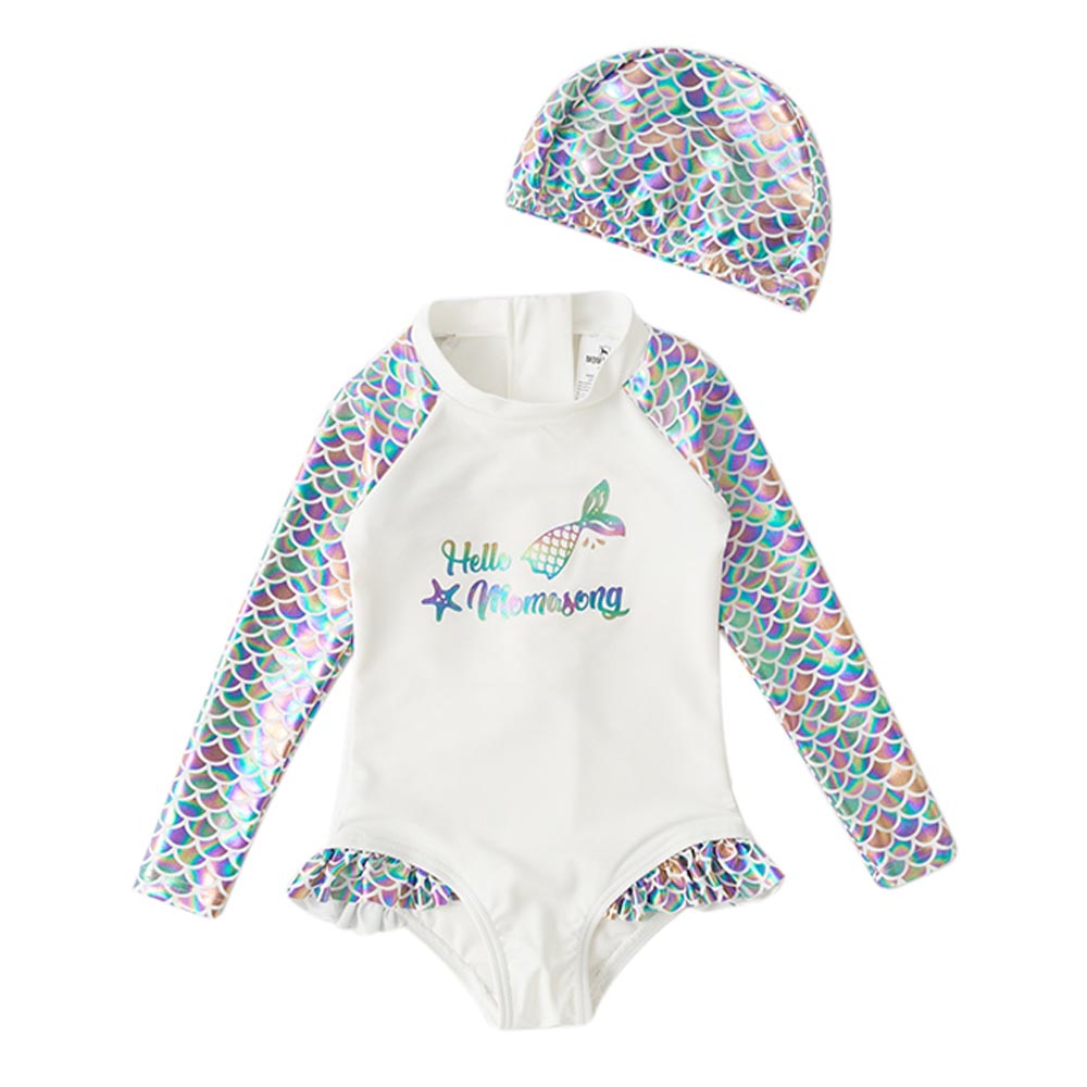 Sugar Rush Full Sleeves Swimsuit & Cap 2pc-Set - White