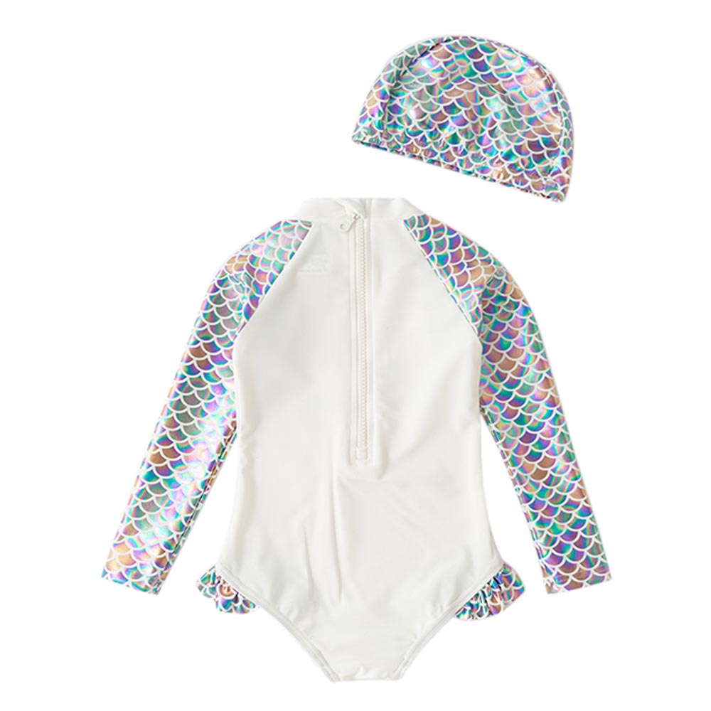 Sugar Rush Full Sleeves Swimsuit & Cap 2pc-Set - White
