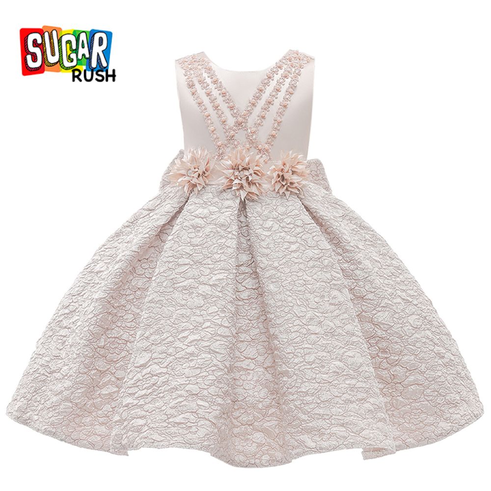 Sugar Rush Embroidered Regular Round Neck Sleeveless Party Dress - Beige