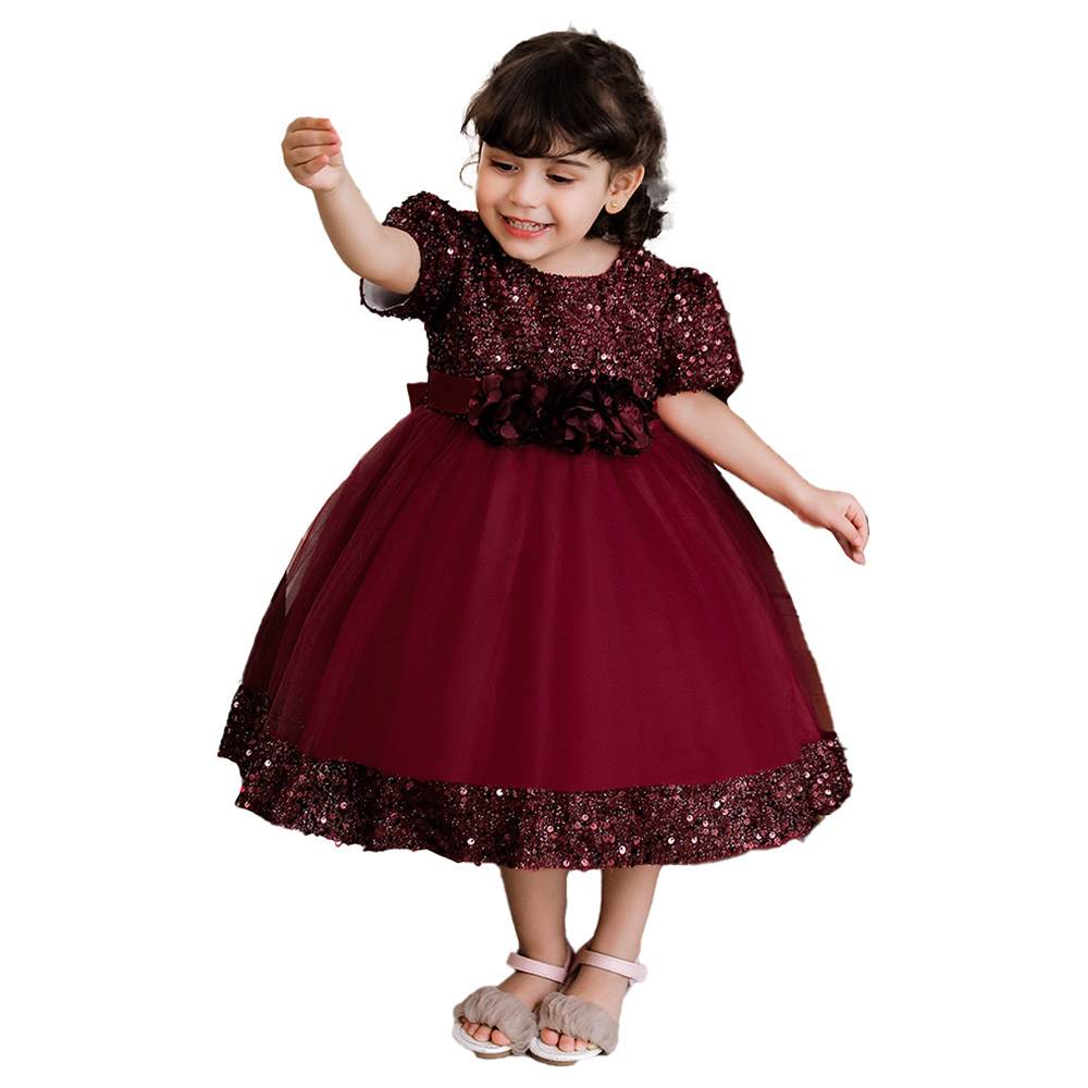 Sugar Rush Appliqued Round Neck Party Dress - Maroon