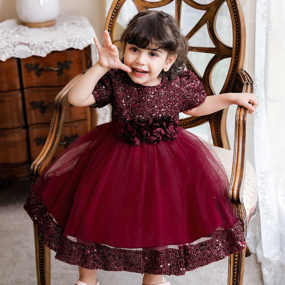 Sugar Rush Appliqued Round Neck Party Dress - Maroon