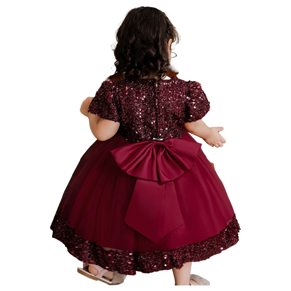 Sugar Rush Appliqued Round Neck Party Dress - Maroon