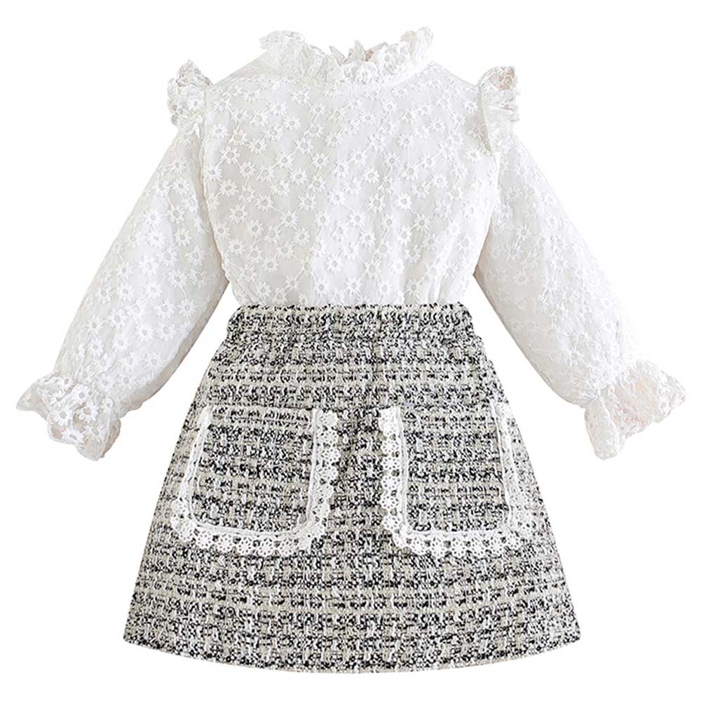 Sugar Rush Checked Full Sleeves Top & Skirt - Grey - 2 Pcs