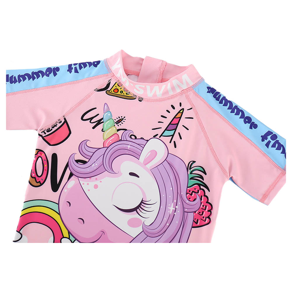 Sugar Rush Unicorn High-Neck Short Sleeves Swimsuit - Pink