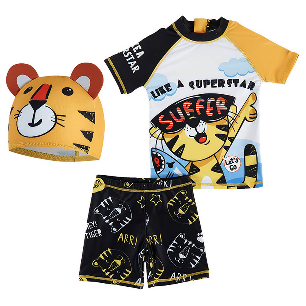 Sugar Rush Boys Printed Swimwear & Cap - Yellow - 3 Pcs