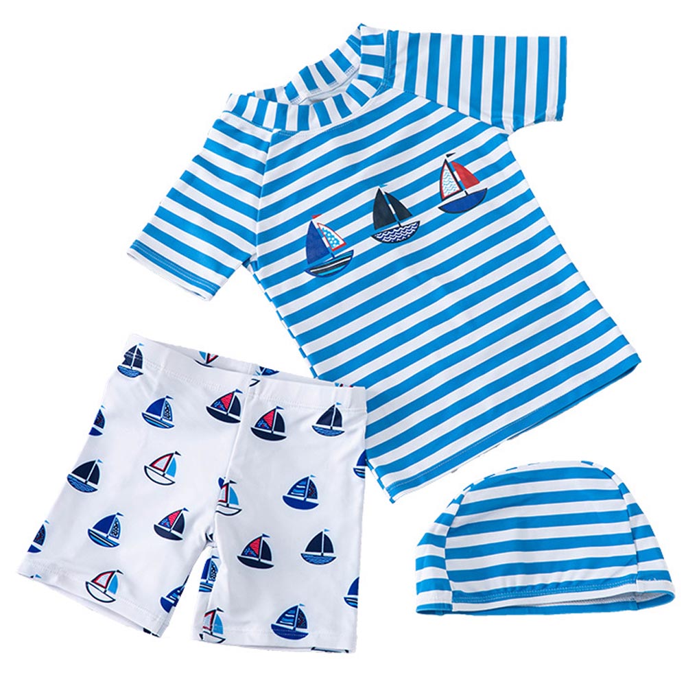 Sugar Rush Round Neck Striped Swimwear & Cap - 3 Pcs