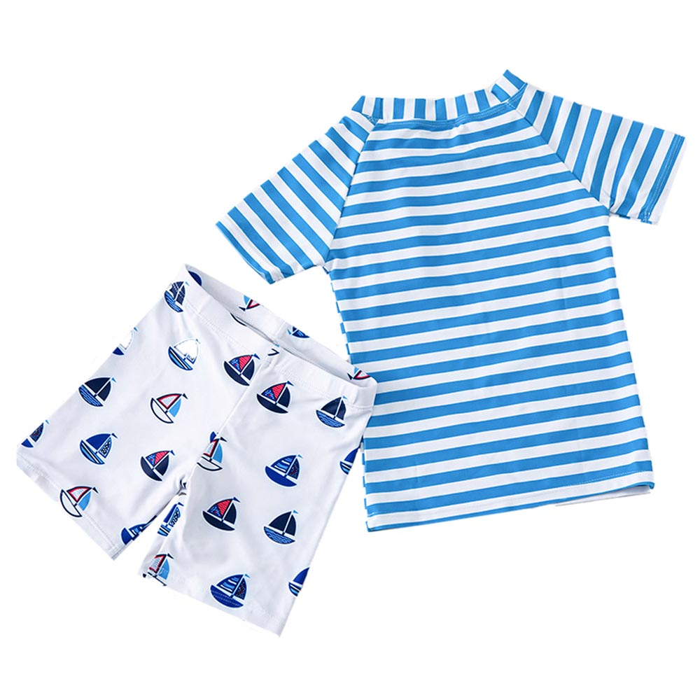Sugar Rush Round Neck Striped Swimwear & Cap - 3 Pcs