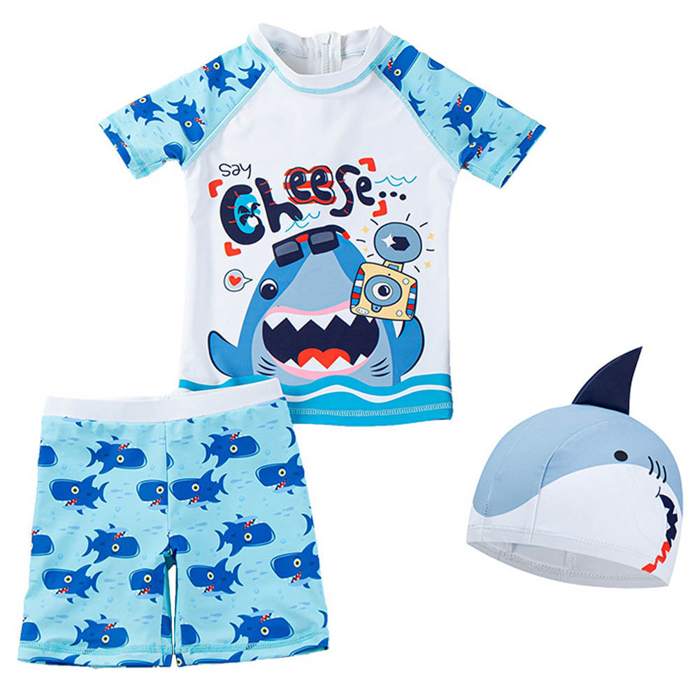 Sugar Rush Boys Shark Round Neck Swimsuit & Cap - 3 Pcs