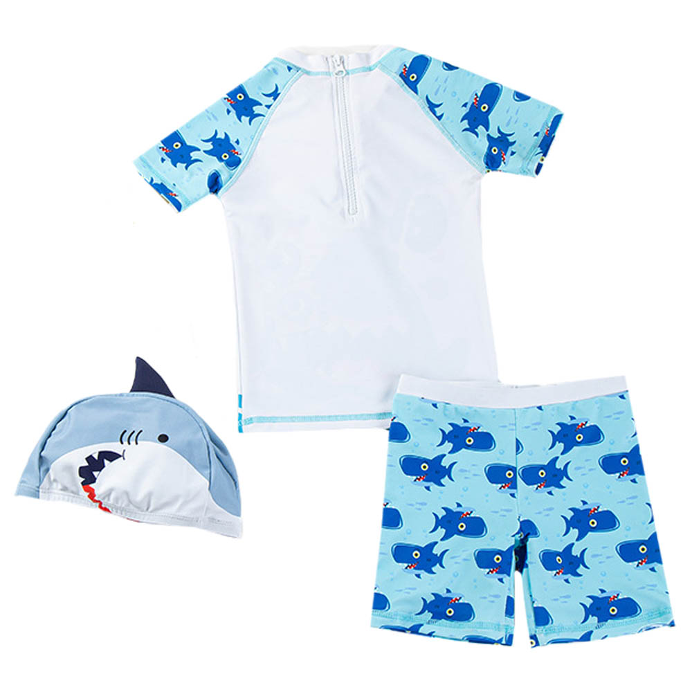 Sugar Rush Boys Shark Round Neck Swimsuit & Cap - 3 Pcs