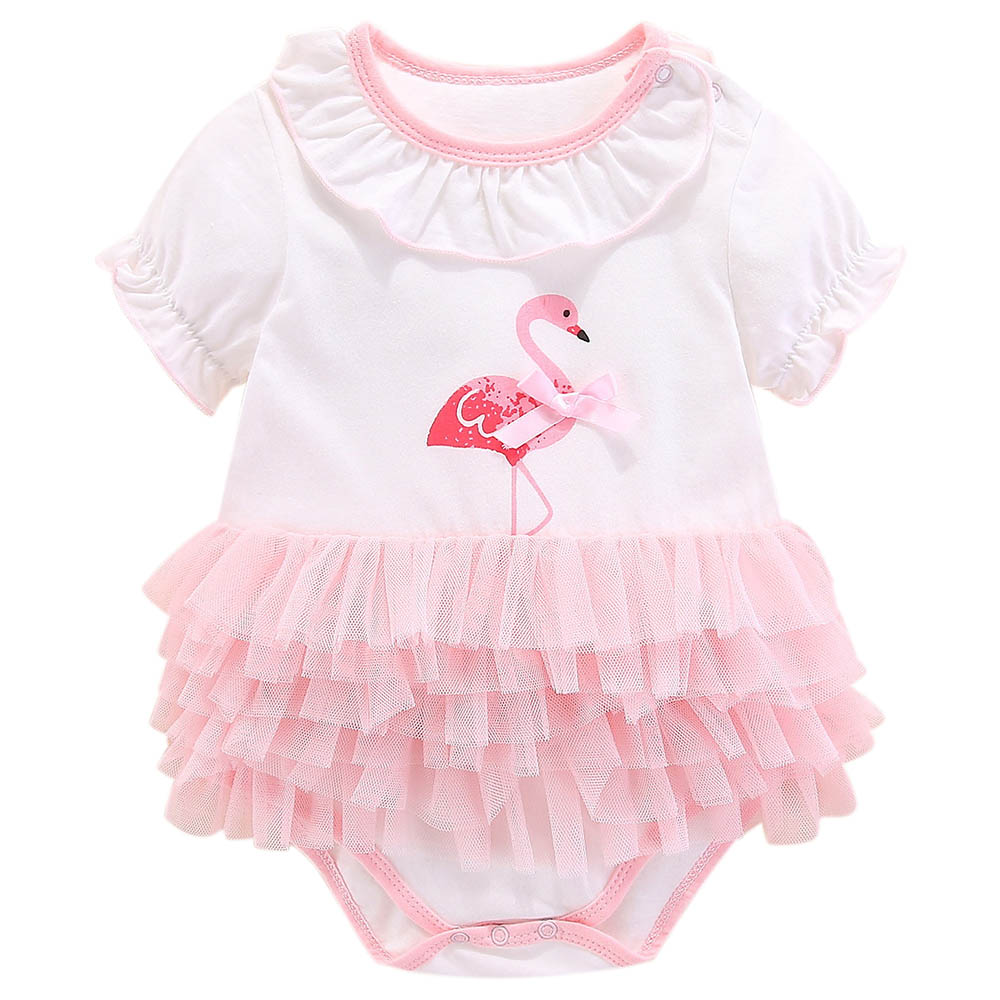 Sugar Rush Flamingo Printed Laced Romper - White