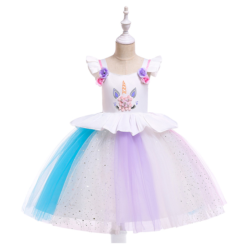 Super Cute Unicorn Printed Tutu Party Dress - White