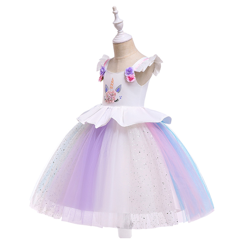 Super Cute Unicorn Printed Tutu Party Dress - White