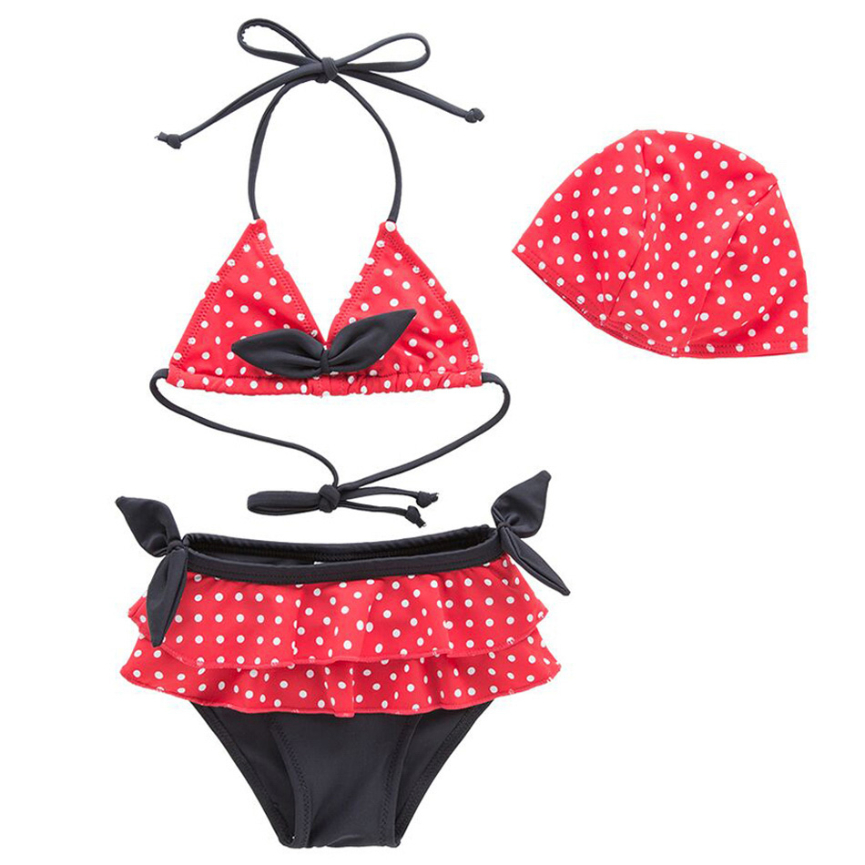 Super Cute Polka Dotted 2-pc Swimwear & Swimcap - Red