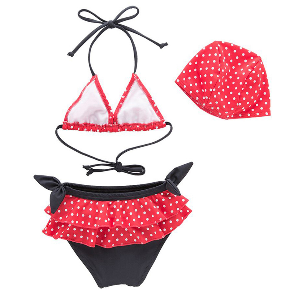 Super Cute Polka Dotted 2-pc Swimwear & Swimcap - Red