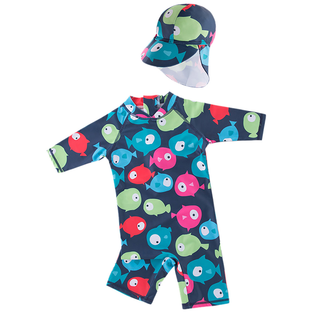 Sugar Rush Boy's Fish Printed Swimsuit & Cap Set - Blue