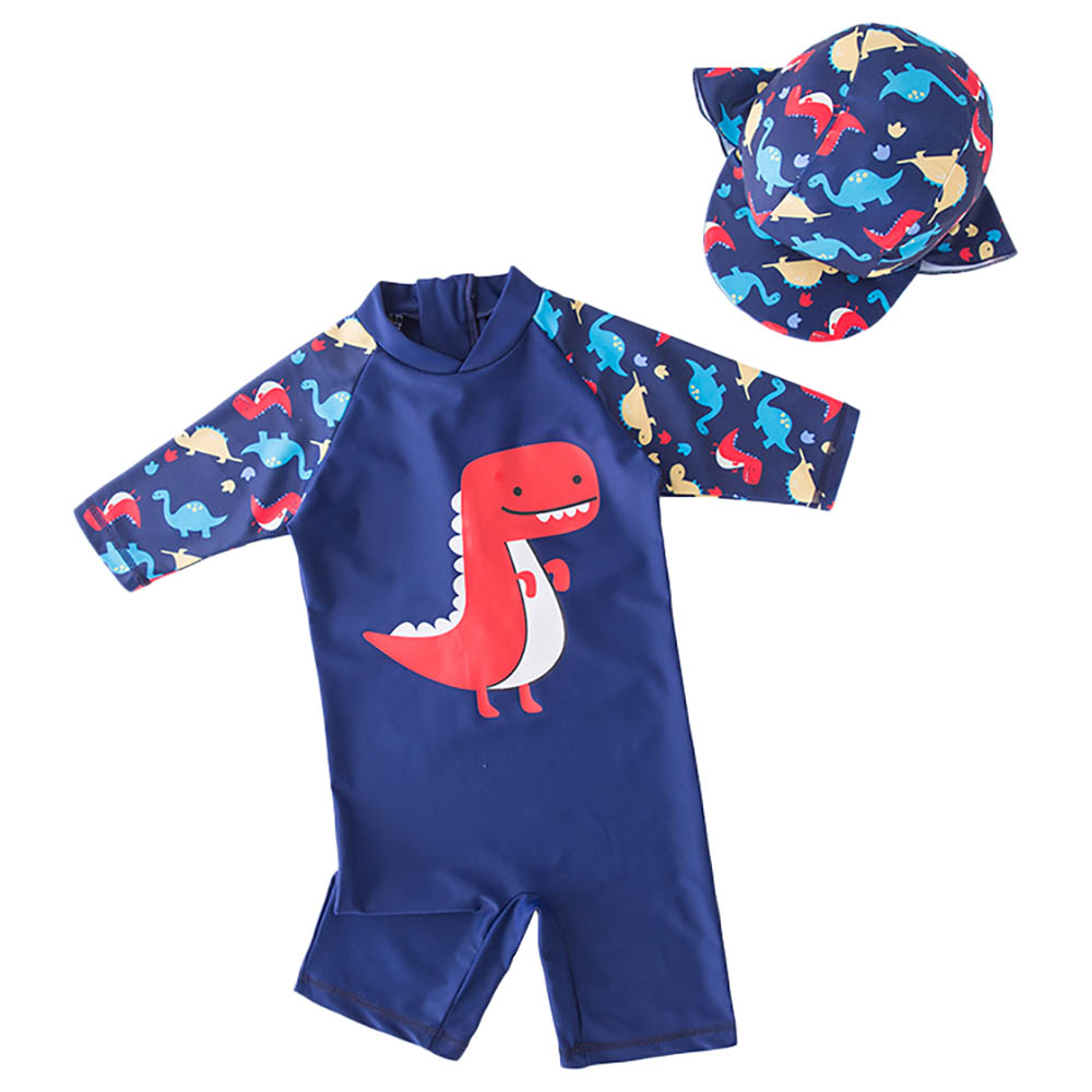 Sugar Rush Dino Printed Swimsuit with Cap - Navy