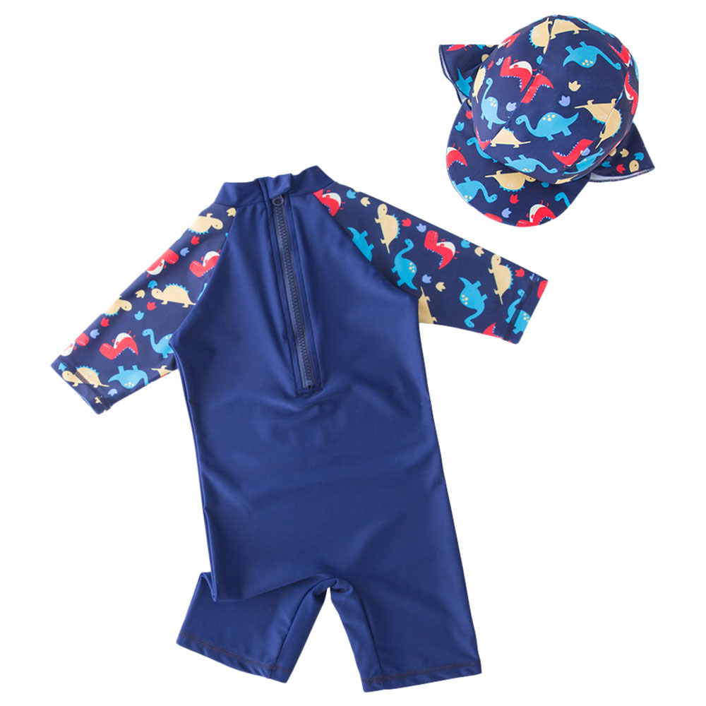 Sugar Rush Dino Printed Swimsuit with Cap - Navy