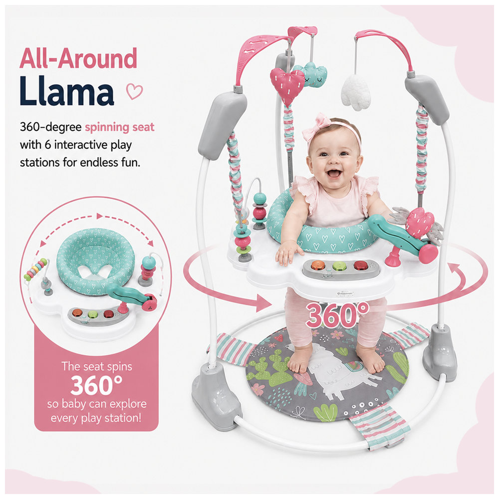 Little Learners - Llama Baby Jumper - 360° Rotating Activity Centre with Sensory Crinkle Mat