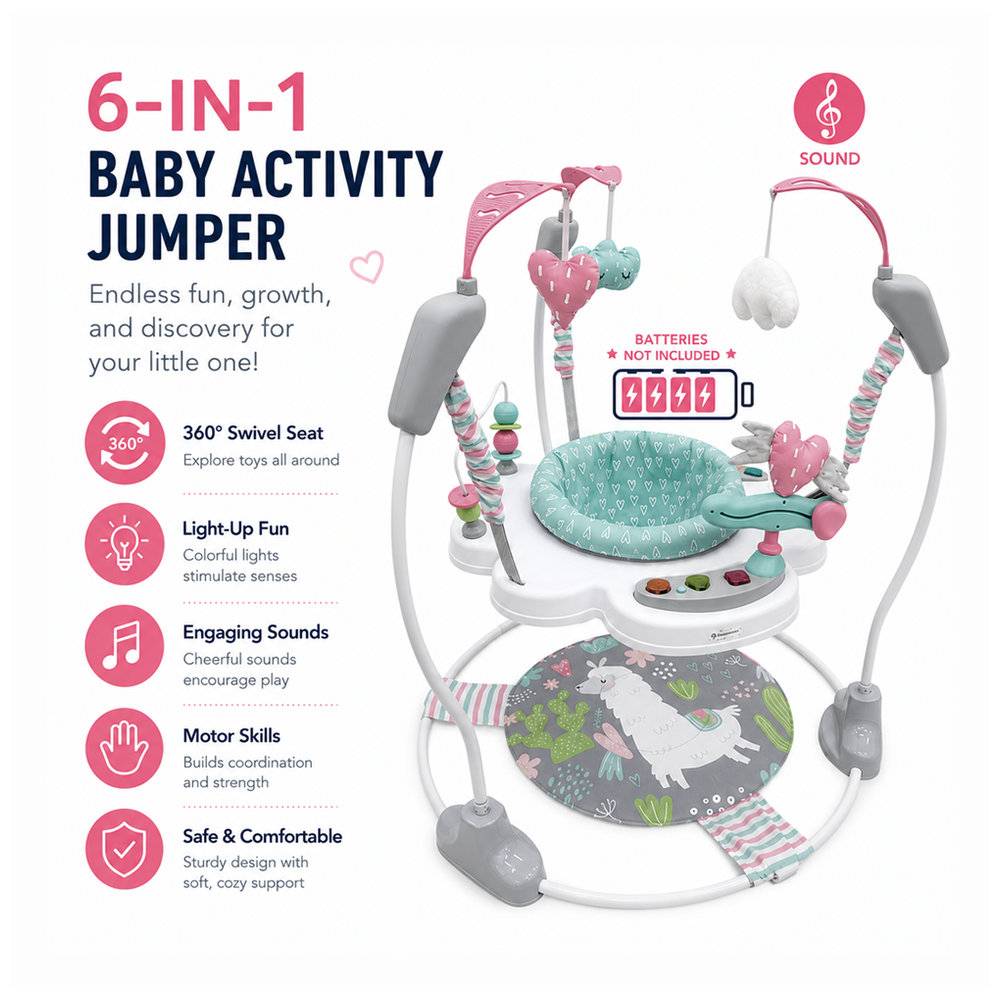 Little Learners - Llama Baby Jumper - 360° Rotating Activity Centre with Sensory Crinkle Mat