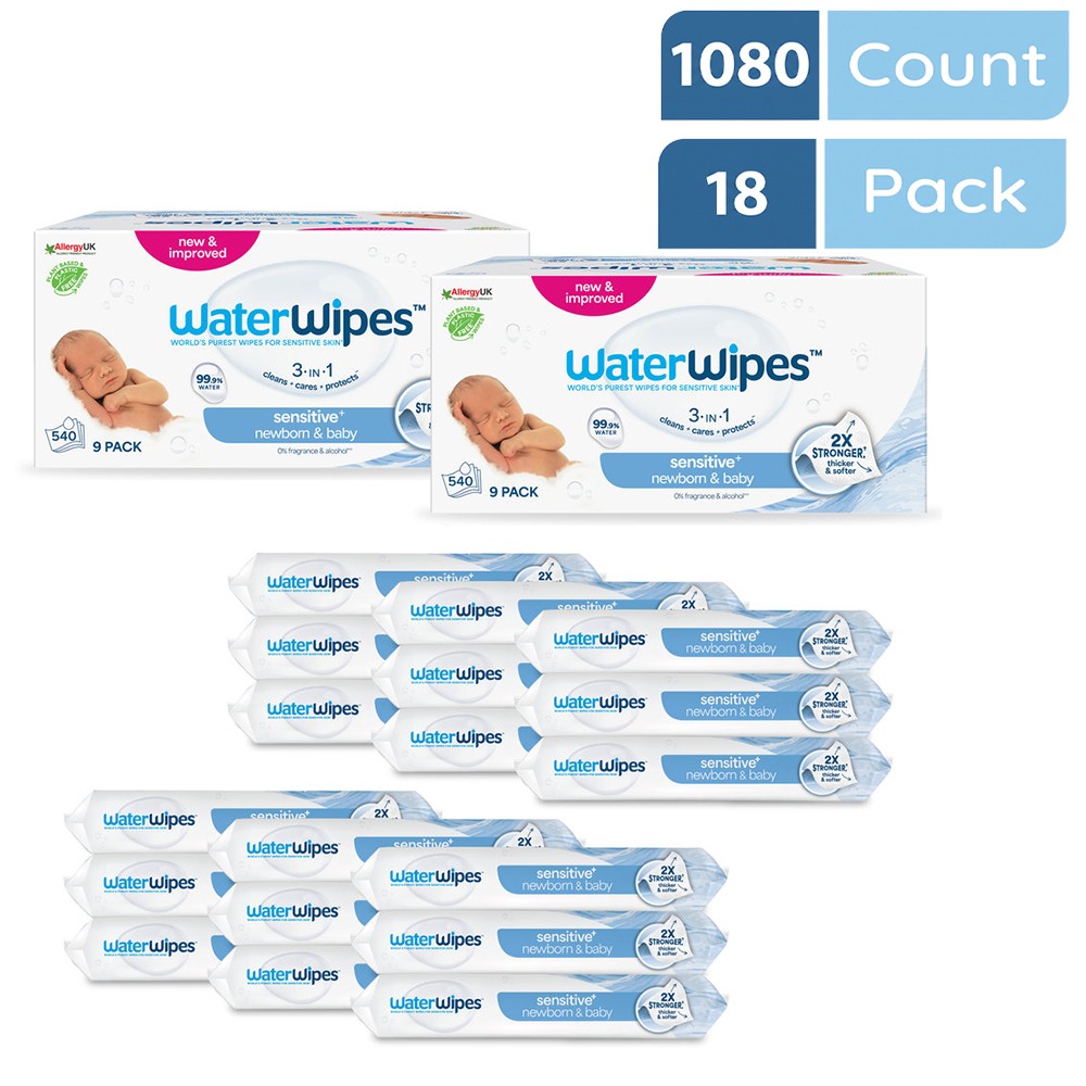 WaterWipes - Sensitive+ Baby Wipes, Unscented, 99.9% Water - 1080 Count