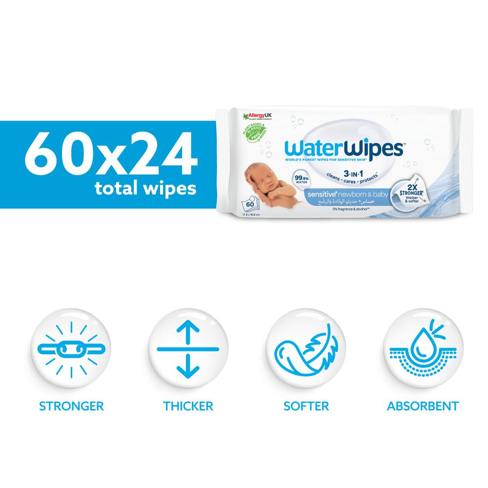 WaterWipes - Sensitive+ Baby Wipes, Unscented, 99.9% Water - 1440 Count
