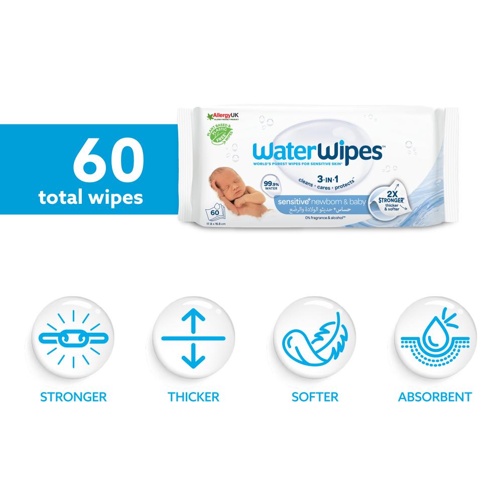 WaterWipes - Sensitive+ Baby Wipes, Unscented, 99.9% Water - 60 Count