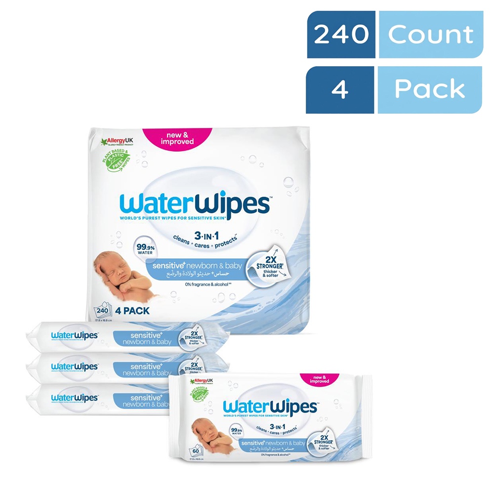 WaterWipes - Sensitive+ Baby Wipes, Unscented, 99.9% Water - 240 Count