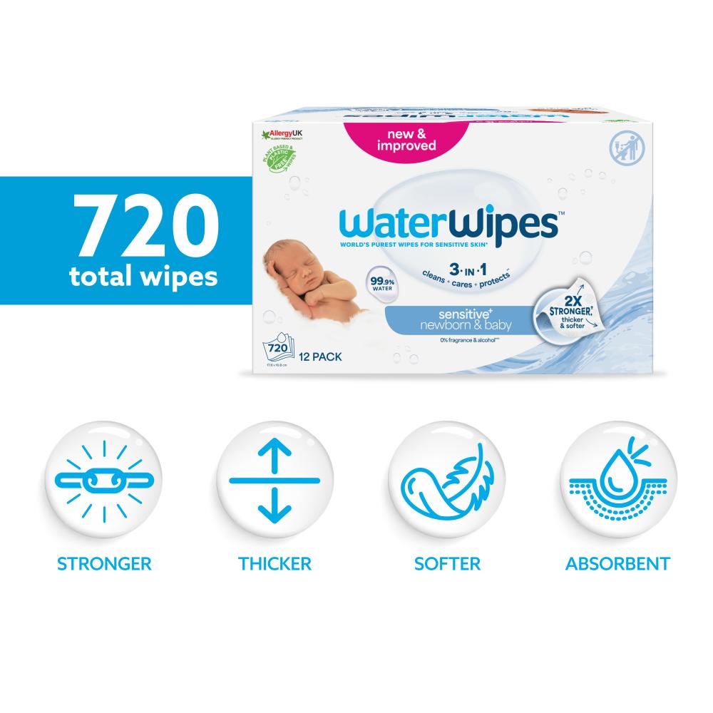 WaterWipes - Sensitive+ Baby Wipes, Unscented, 99.9% Water - 720 Count