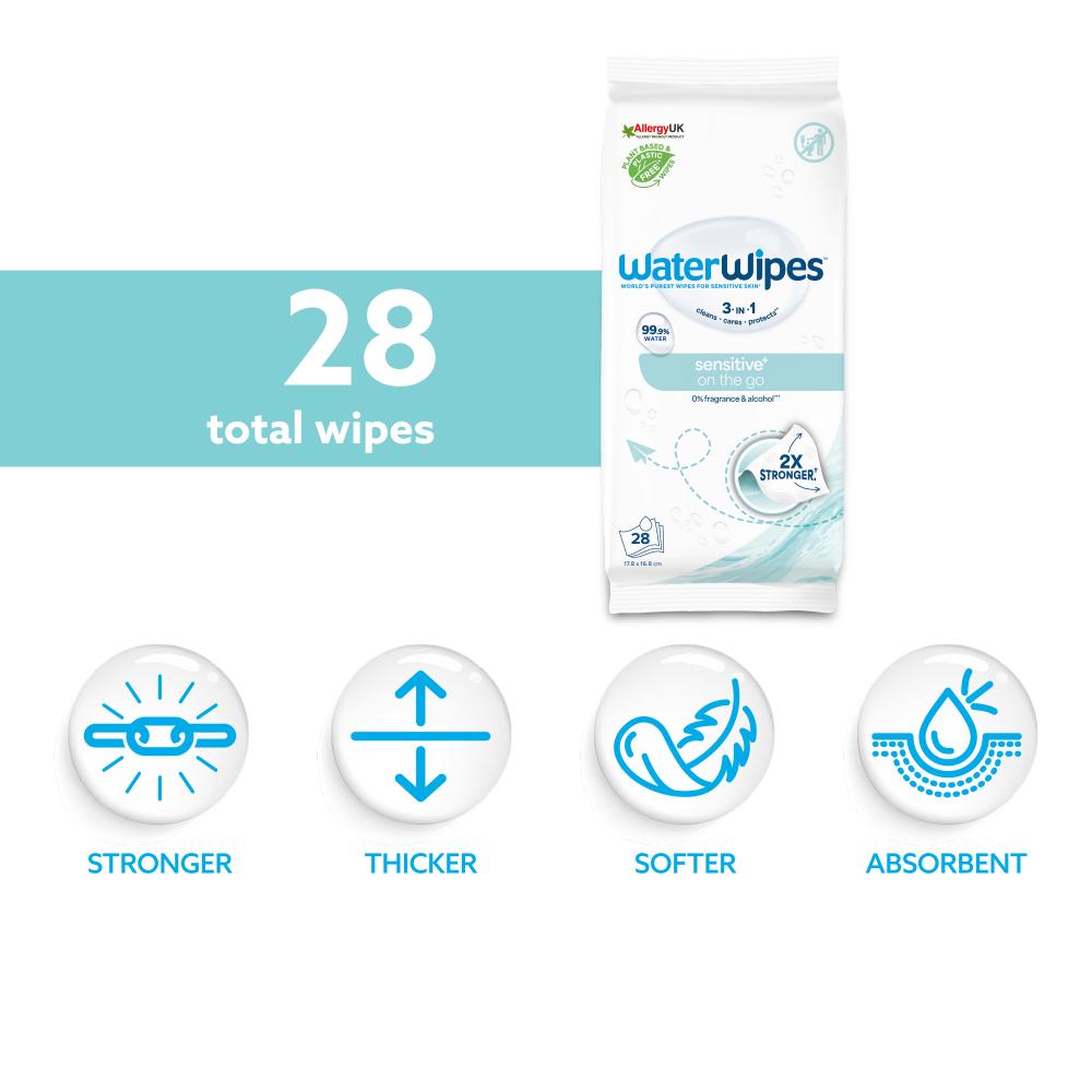 WaterWipes - Sensitive+ On-The-Go Wipes, Unscented - 28 Count