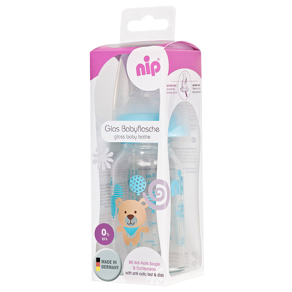 Nip - Standard Glass Bottle - 0m + Blue Bear - 125ml