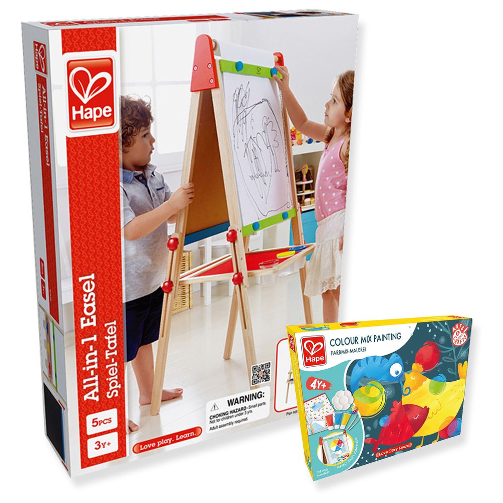 Hape - All-in-1 Magnetic Wooden Easel With Colour Mix Painting Set 29pcs
