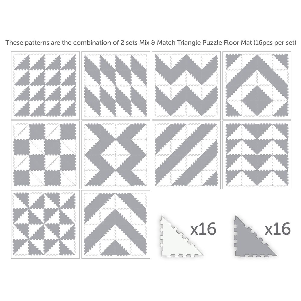 Sunta - 2-Colours Triangle Puzzle Floor Mat 32pcs - Grey/White