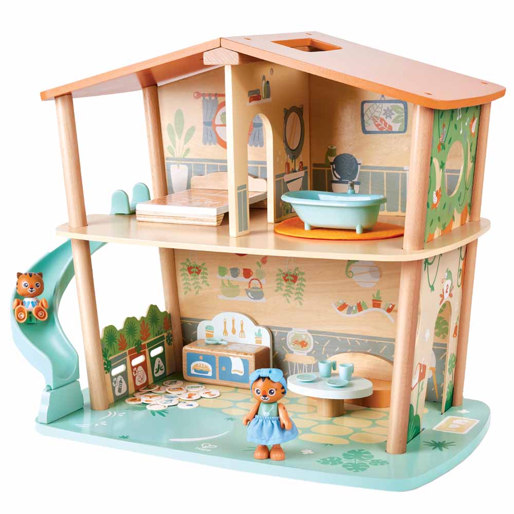 Hape - Tiger's Wooden Jungle House With 2 Tiger Dolls & Accessories 34pcs