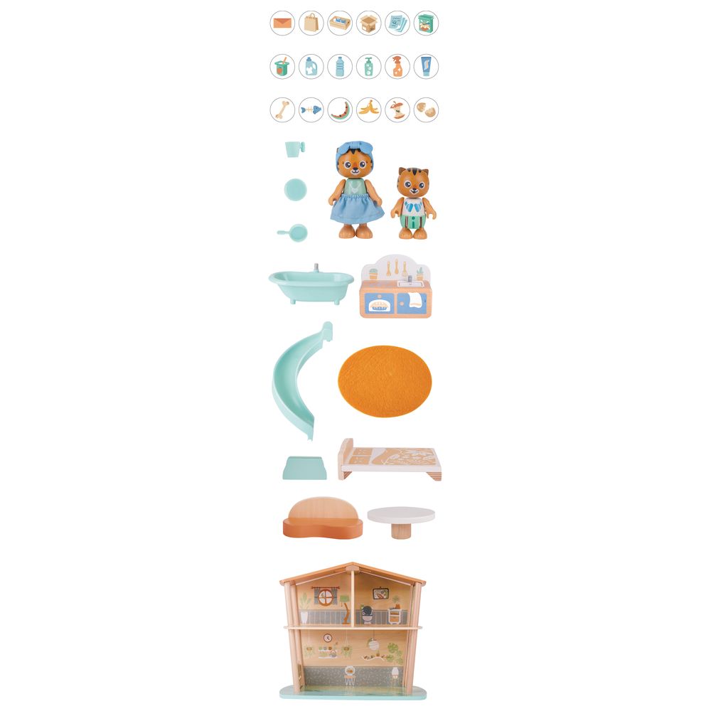 Hape - Tiger's Wooden Jungle House With 2 Tiger Dolls & Accessories 34pcs