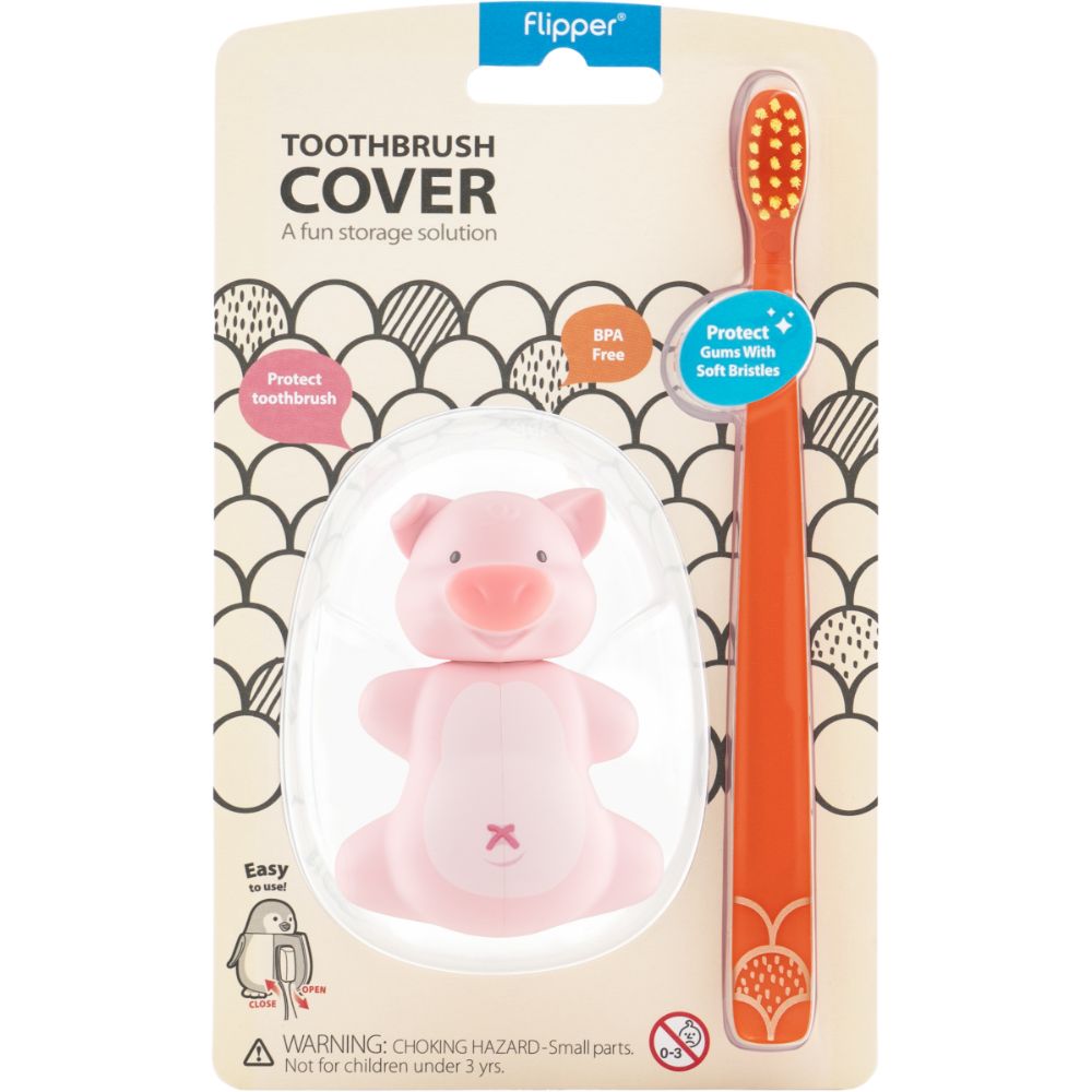 Filpper - Fun Animal Toothbrush With Holder for Kids - Pig (Colour May Vary)