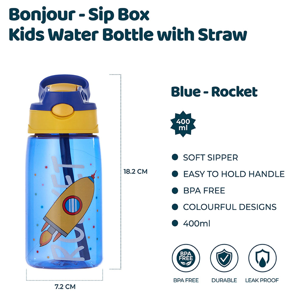 Bonjour - Sip Box Kids Water Bottle - Blue Rocket - 480ml
