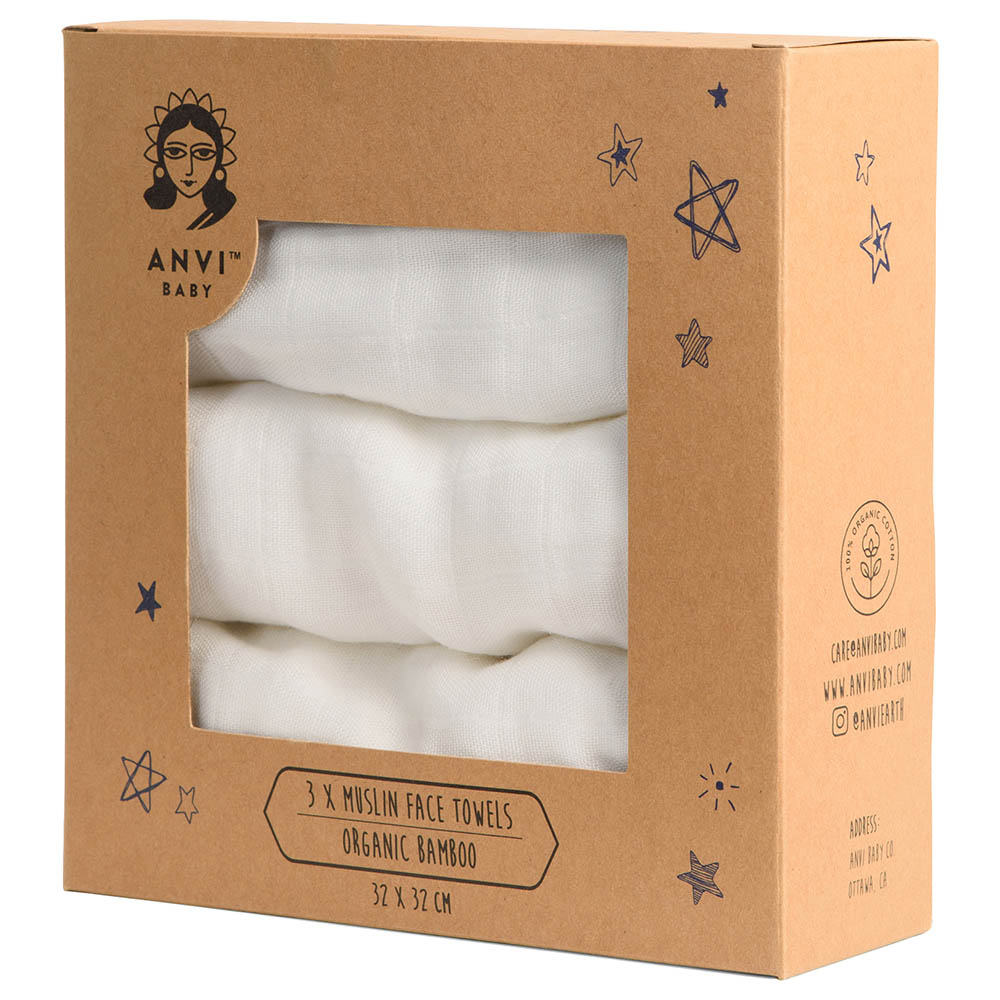 Anvi Baby Organic Bamboo Face Cloth Pack of 3 - White
