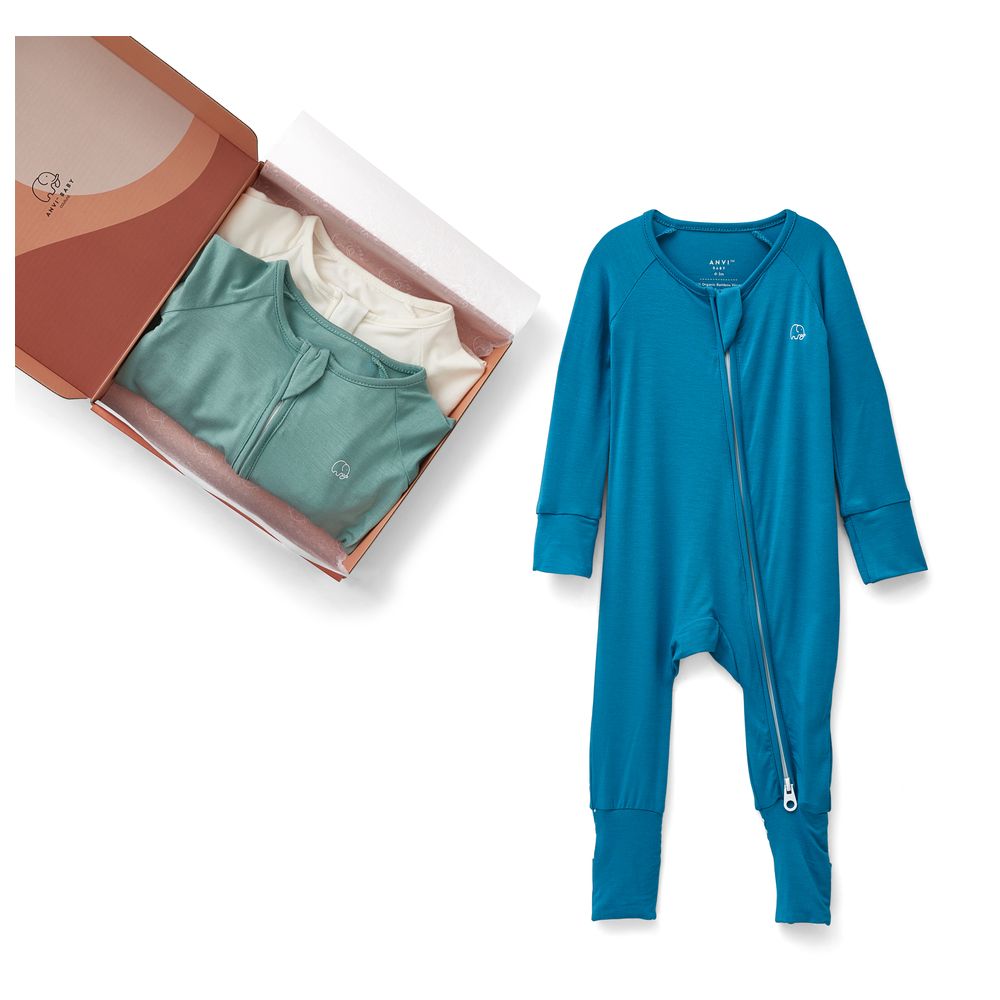 Anvi Baby Zipper Sleepsuit Green/White/Blue - 3 Pcs
