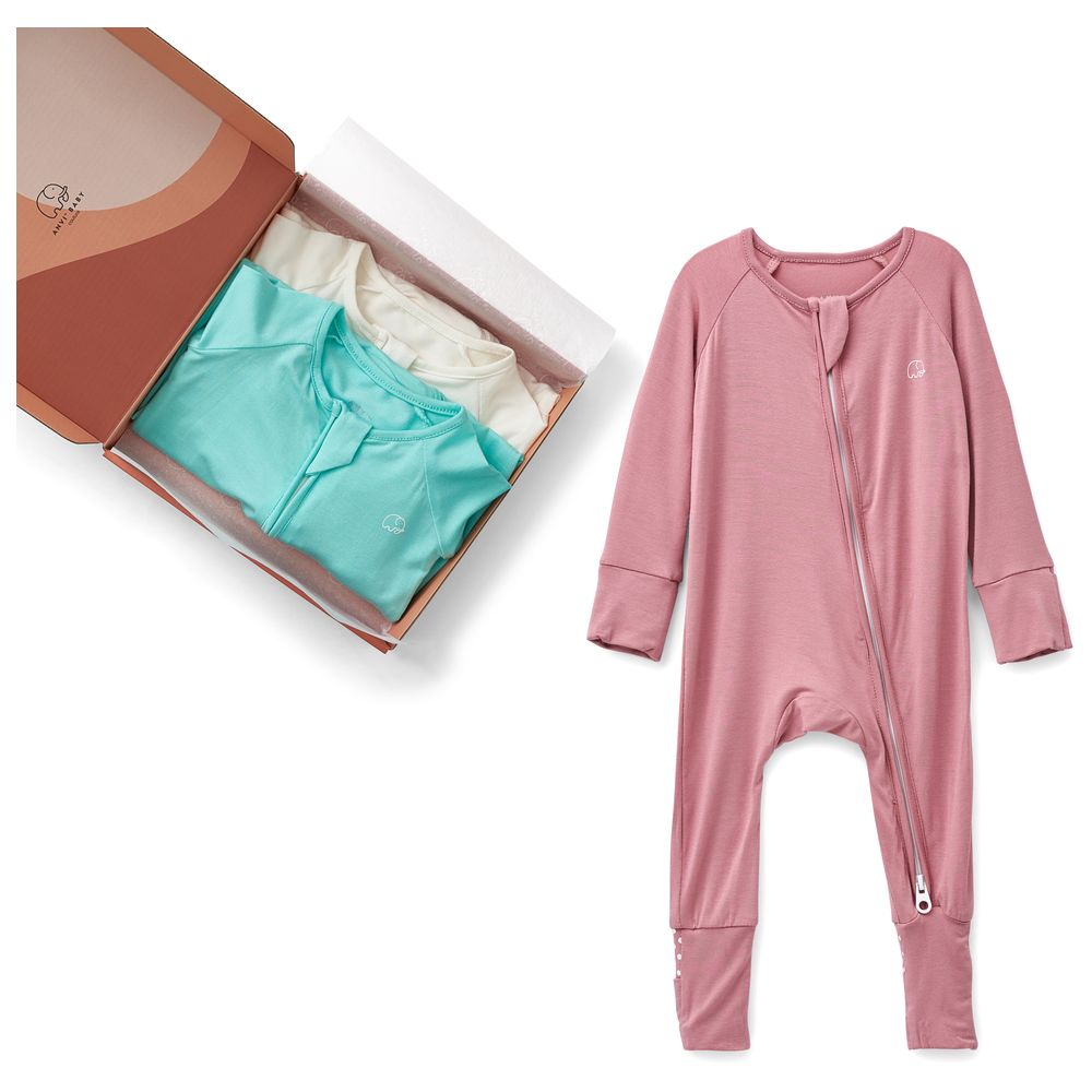 Anvi Baby Zipper Sleepsuit White/Sky/Lilac - 3 Pcs