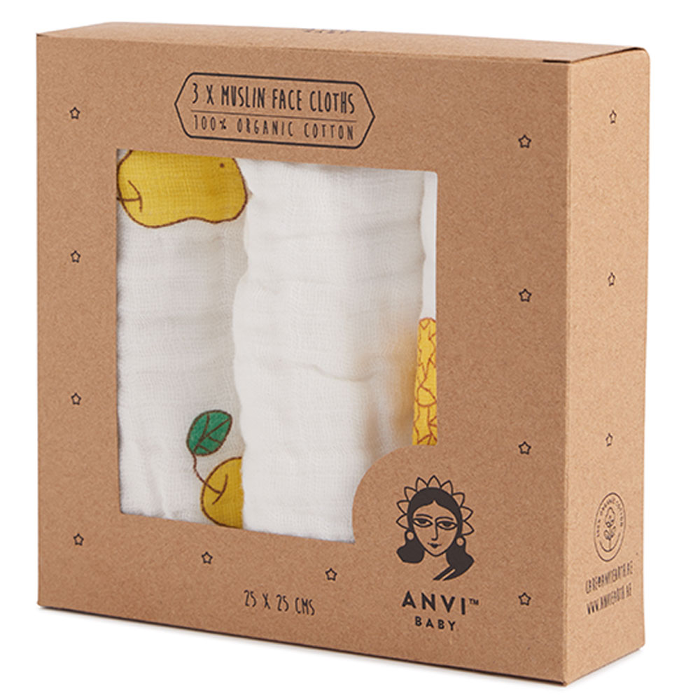 Anvi Baby Organic Muslin Quite a Pear Face Cloth - 3 Pcs