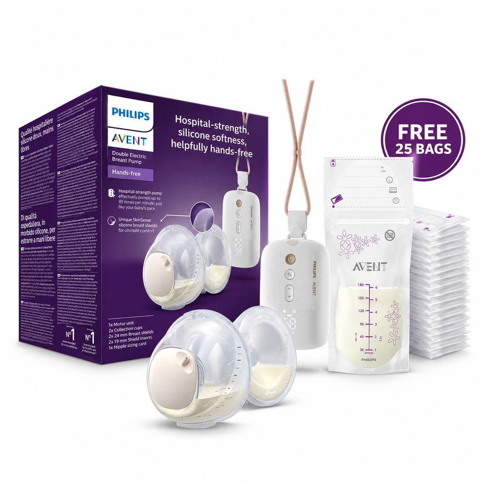 Philips Avent - Hands Free Double Electric Breast Pump With Free Breast Milk Bags - 180 ml - Pack of 25