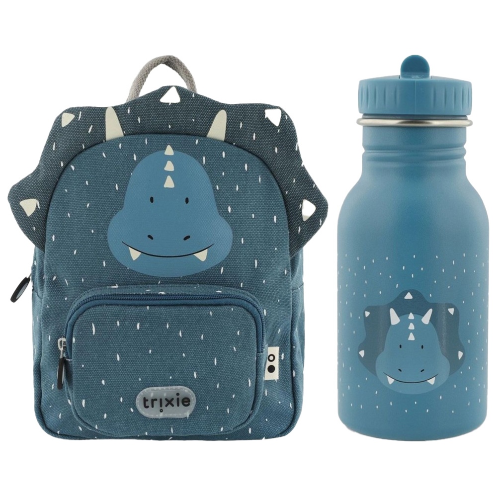 Trixie - Stainless Steel Water Bottle - 350 ml And Backpack - Blue - Small - Mr. Triceratops