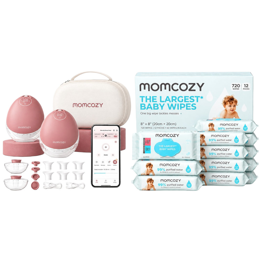 Momcozy - M9 Hands Free Breast Pump - Cozy Red - Pack of 2 - 24 mm And 99% Purified Water Based Wipes - Pack Of 12 - 720 Pcs